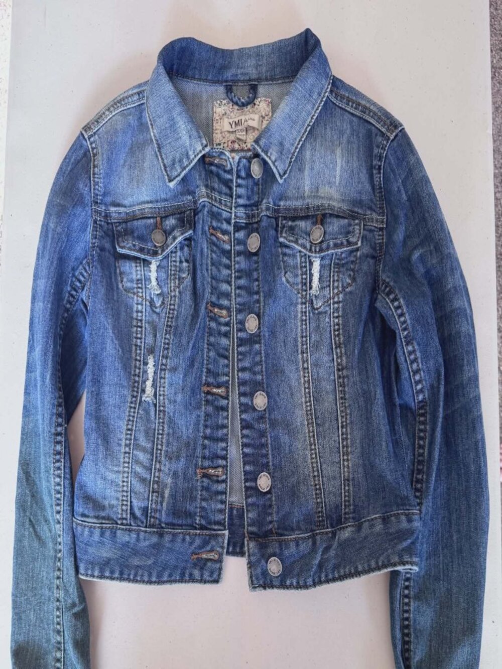 YMI Jeans Distressed Denim Jacket - Floral Trim - Women's Size S